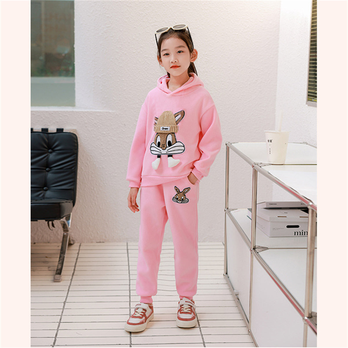 Girls autumn and winter three-piece suits plus velvet and thick sports casual style cute pattern multi-piece suit