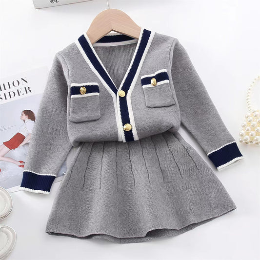 New autumn and winter girls' college girls knitted tops cardigan + mini skirt