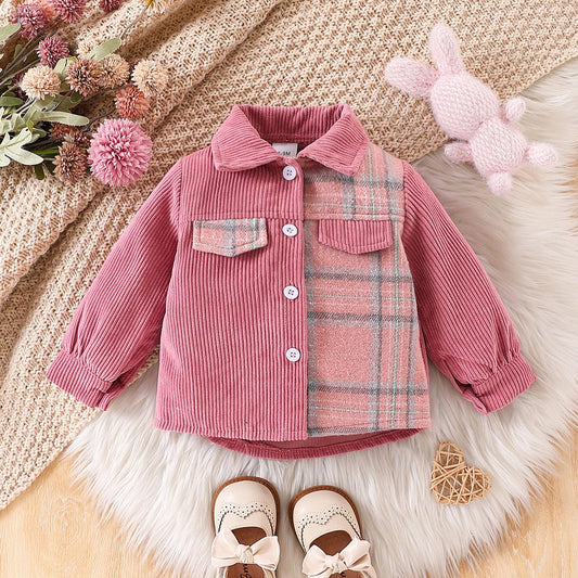 Splicing plaid brushed fabric contrast color pocket cover decoration front short back long sleeve shirt autumn and winter