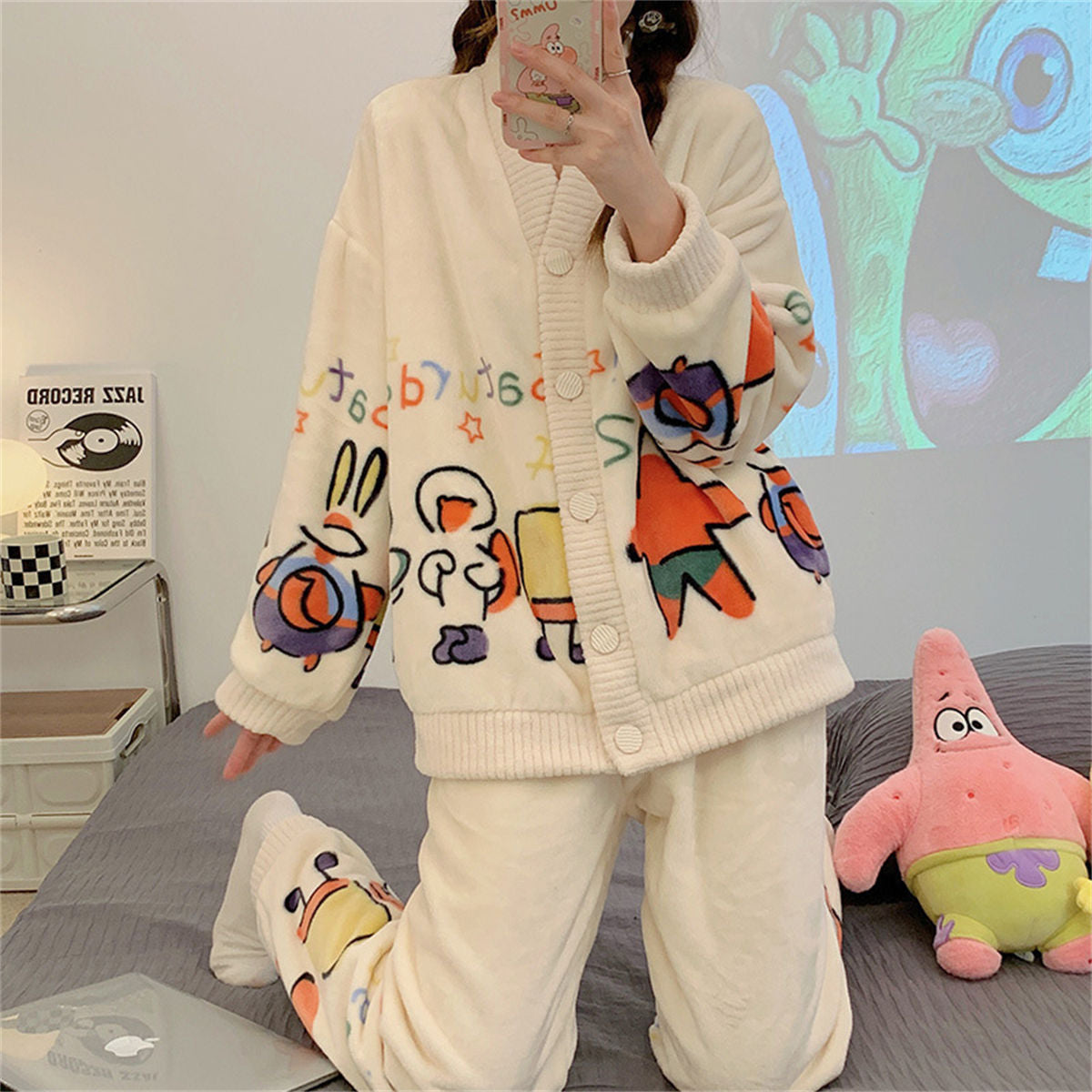 Cartoon flannel pajamas women thick coral fleece long sleeve cardigan plush suit