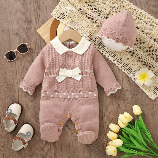 Baby solid color knitted one-piece long-sleeved romper with long legs + hat