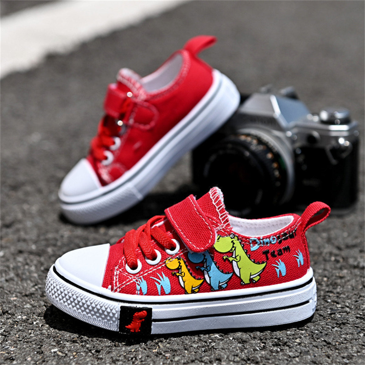 Toddler Boys Cartoon Dinosaur Pattern Velcro Supportive Lightweight Low-top Canvas Shoes