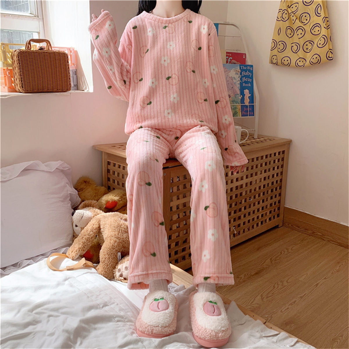 Bear bow print coral fleece suit home clothes