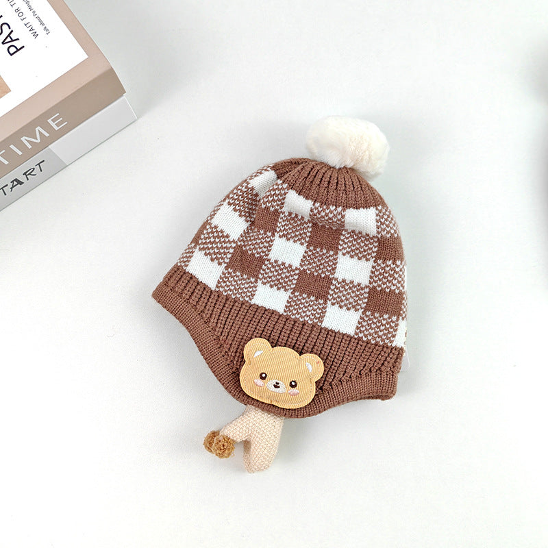 Children's boys and girls cute doll bear plaid knitted warm pullover wool hat