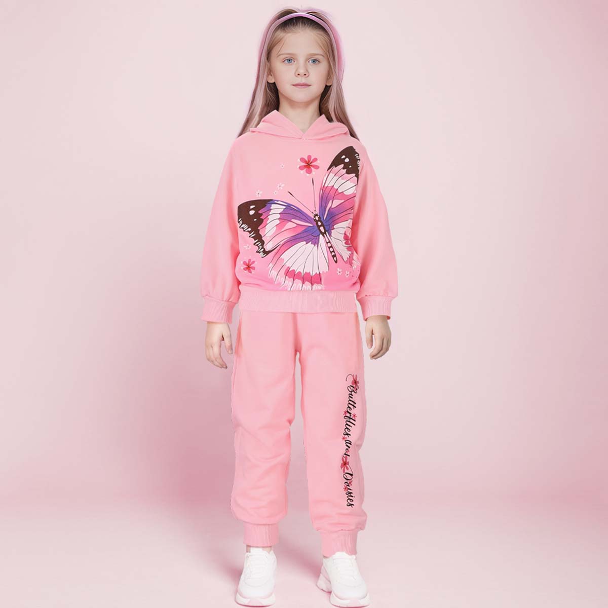 Kid girl's pink butterfly hooded sweatshirt suit