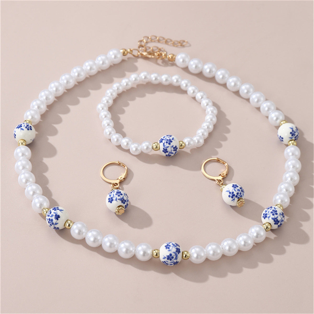 Children's 3-piece elegant temperament printed ceramic plum blossom shaped pearl jewelry set