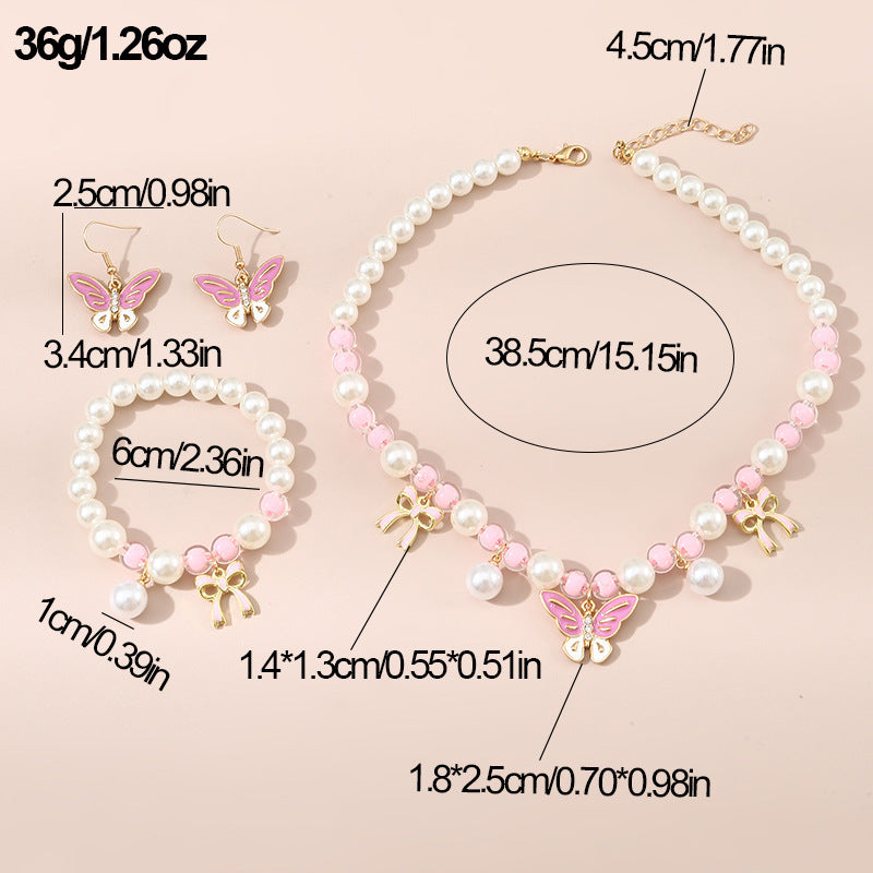 Children's 3-piece sweet pink pearl beaded butterfly pendant jewelry set