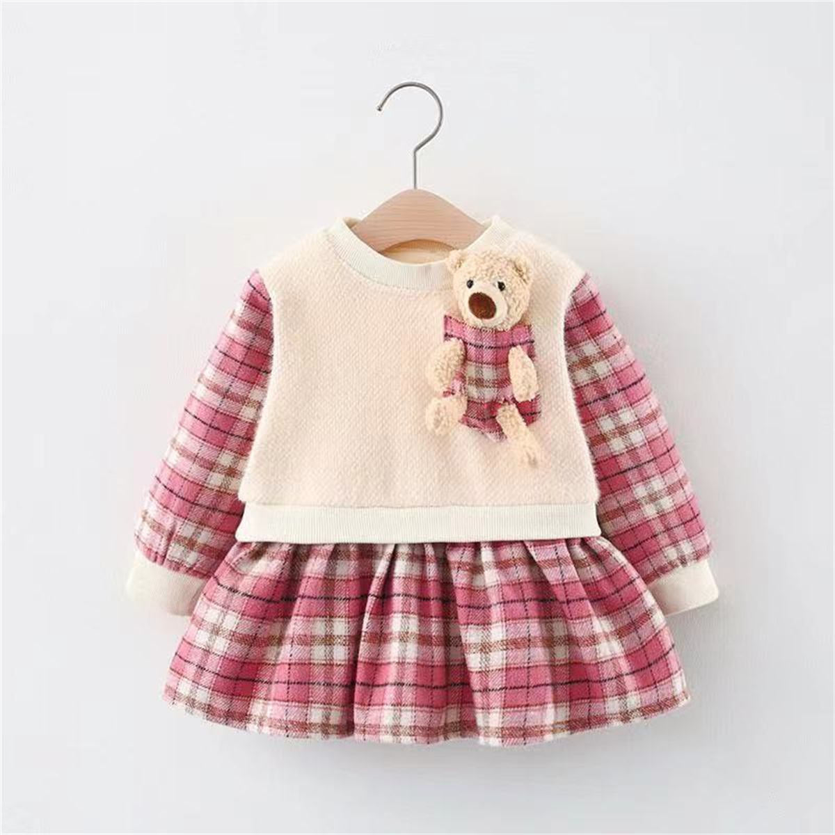 Winter Thickened Girls Plaid Bear Fake Two-piece Long Sleeve Dress