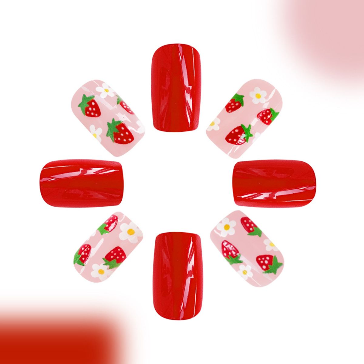 Glossy cute strawberry white flower temperament sweet and versatile nail art piece removable