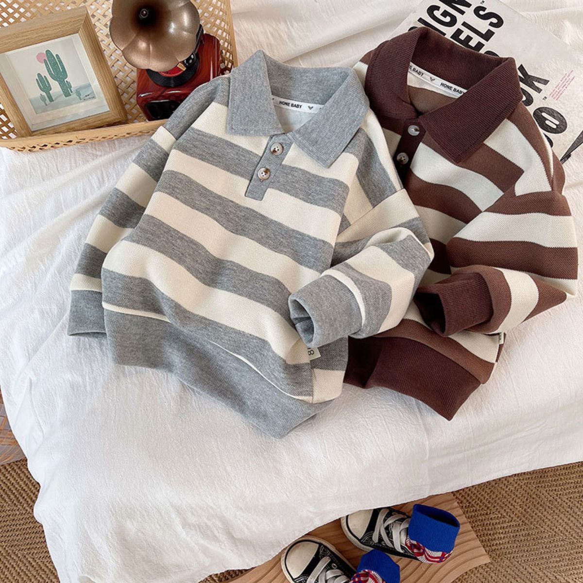 Children's Spring Striped Lapel Sweatshirt Boys Korean Tops New Cotton Spring and Autumn Long Sleeve Polo Collar Bottoming Shirt