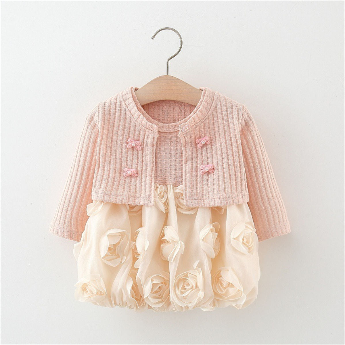 Girls Spring and Autumn Knitted Cardigan + Rose Bud Princess Skirt Two-piece Set