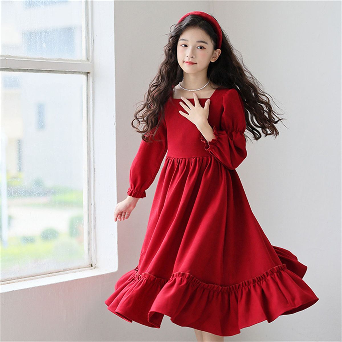 Autumn red elegant lady-style lace long-sleeved dress for middle and large girls