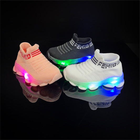 Children's and girls' socks shoes LED light breathable elastic slip-on flying woven sports shoes