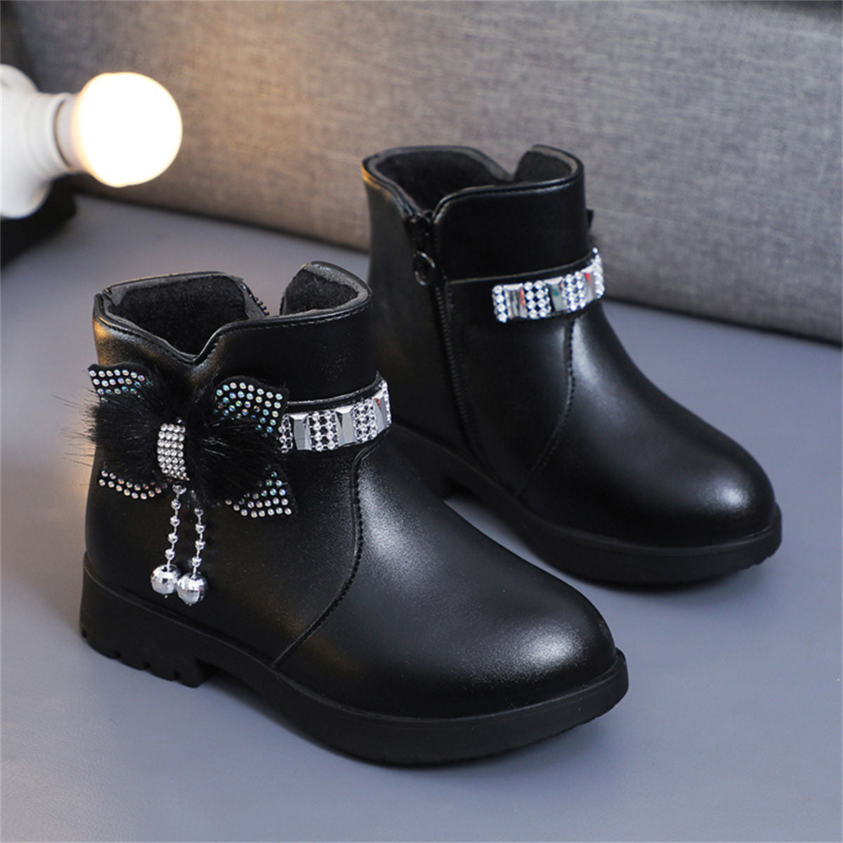 Cute furry and diamond warm waterproof Martin boots for girls in winter