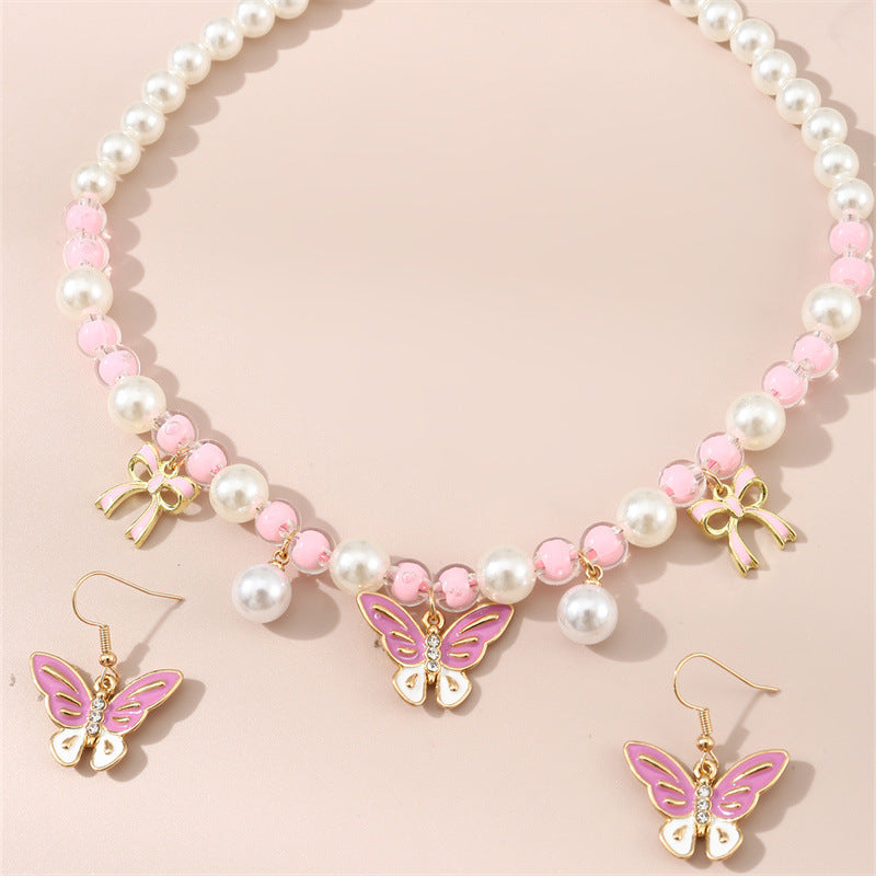 Children's 3-piece sweet pink pearl beaded butterfly pendant jewelry set