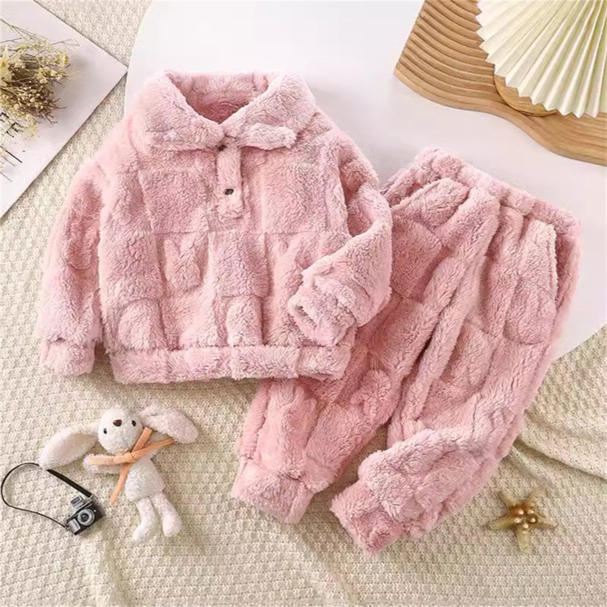 Children's home clothes pajamas set autumn and winter thickened comfortable cotton velvet medium and large children warm solid color