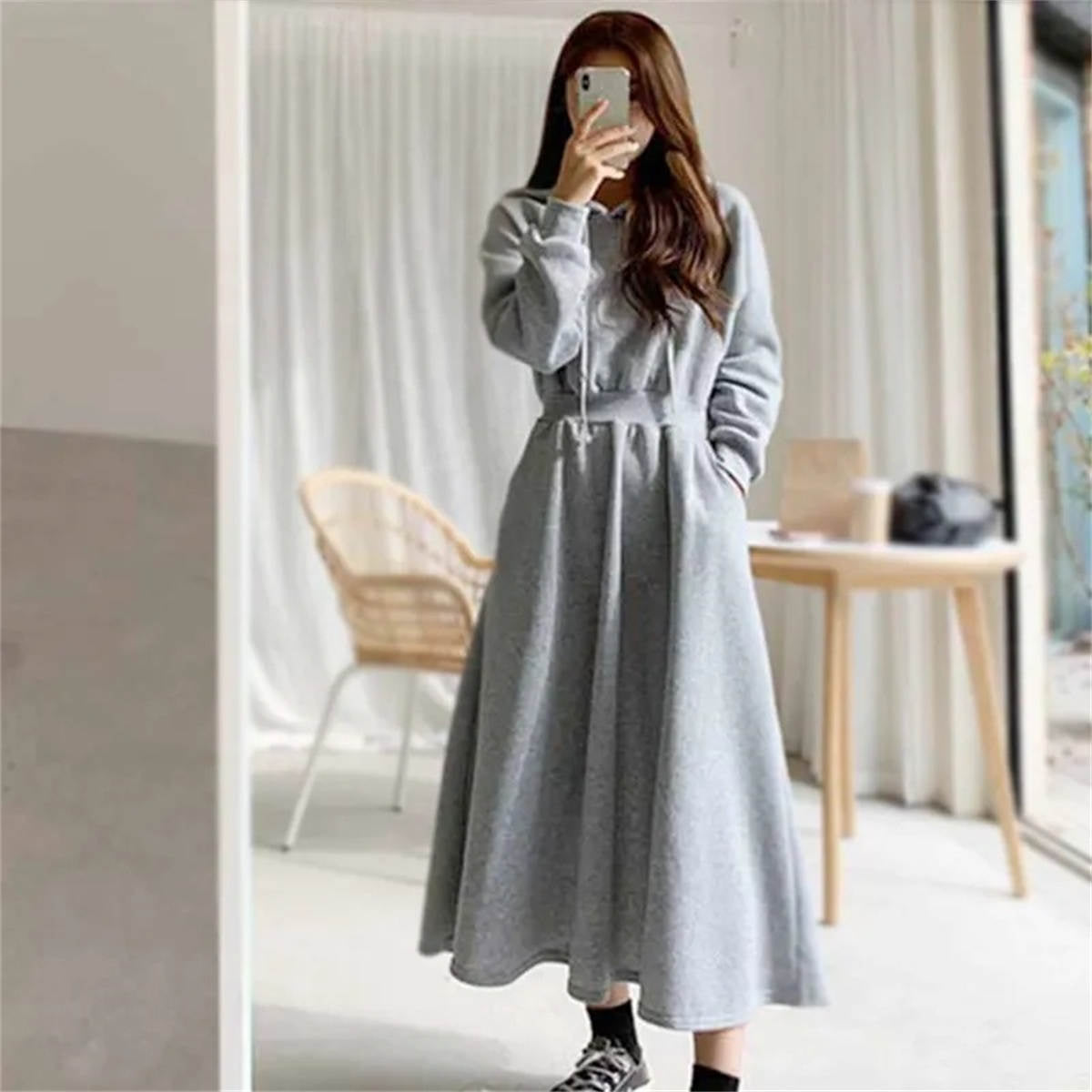 Women's hooded long-sleeved dress high waist slimming below knee length skirt