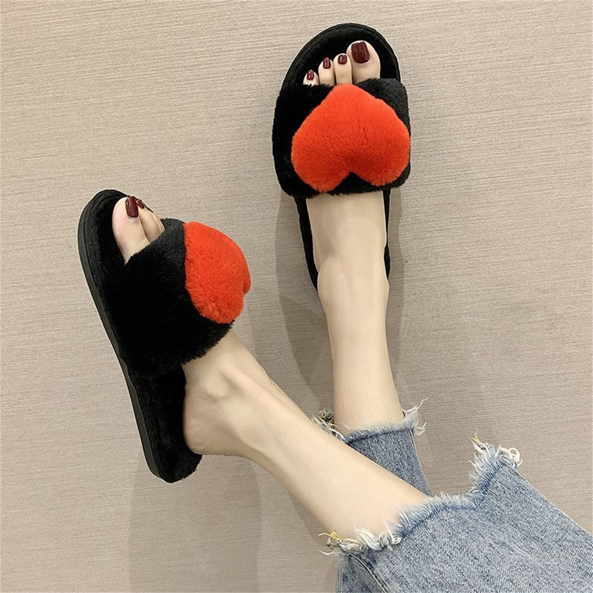 Furry love heart style autumn and winter temperament slippers shallow mouth women flat heel flat bottom daily home furry cotton slippers love word fur slippers