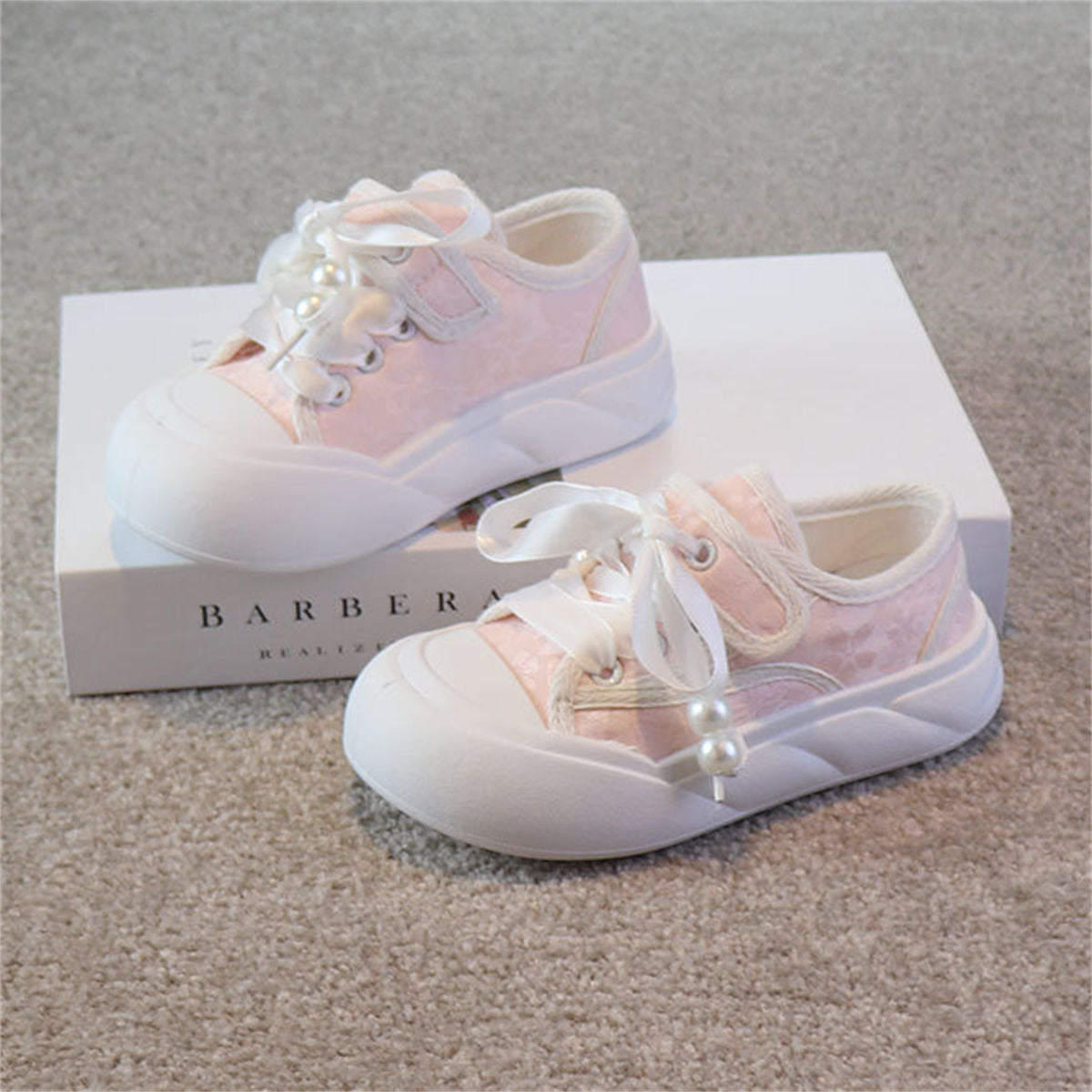 Little girl's pink pearl style sweet temperament comfortable bottom low-top canvas shoes