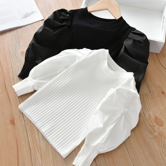 Girls' bottoming shirt new style children's puff sleeves ribbed long-sleeved T-shirt outer wear baby casual top