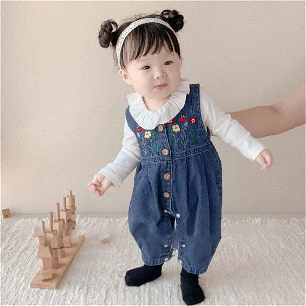 Baby girl denim overalls long sleeve one piece suit