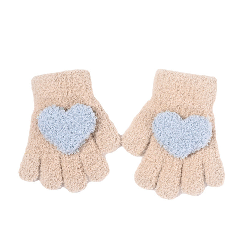 Children's Girls Love Knitted Autumn and Winter Five-Finger Warm Thickened Gloves