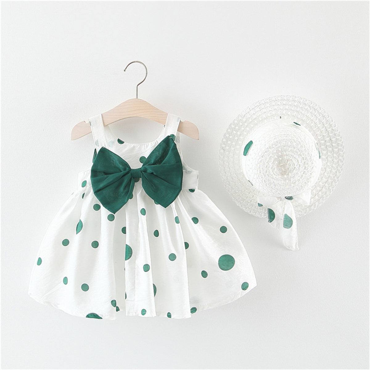 Baby girl polka dot shoulder strap sleeveless dress with hat