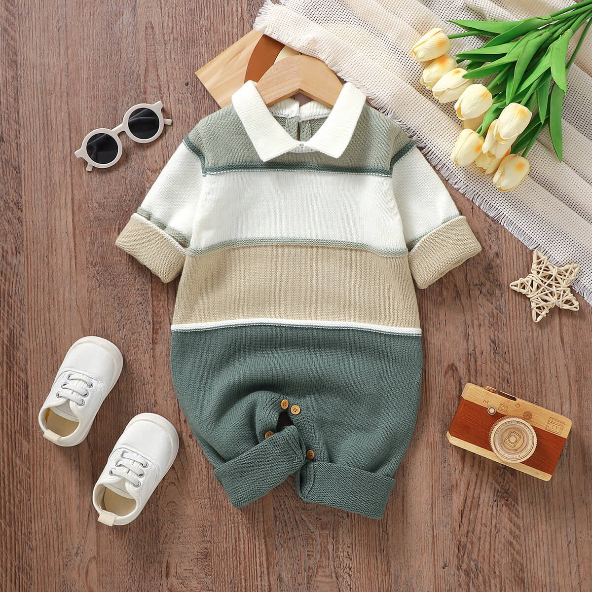 Infant and toddler knitted patchwork one-piece romper long-legged crawling suit