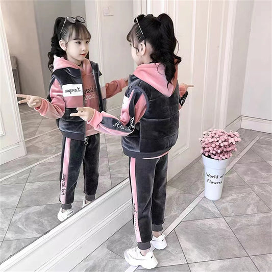 Girls' fashionable daily thickened sports three-piece suit