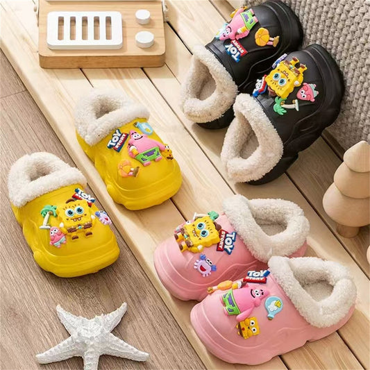 Children's autumn and winter boys and girls' SpongeBob SquarePants plush warm furry shoes non-slip soft bottom closed toe cotton slippers