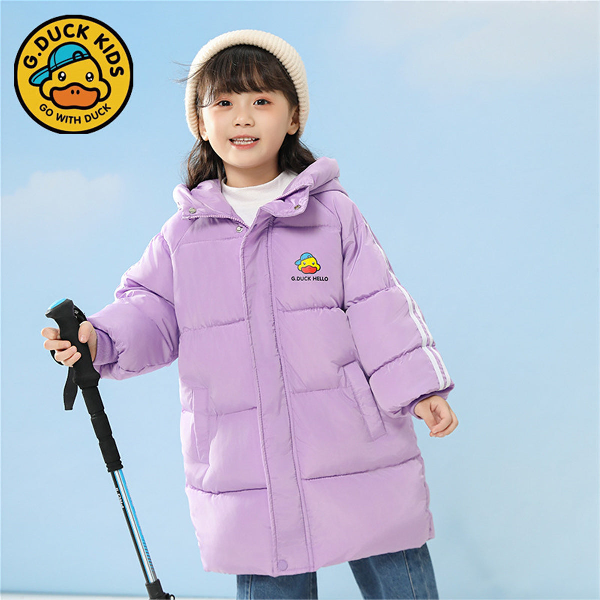 Winter yellow duck cute solid color waterproof warm long down jacket for boys and girls