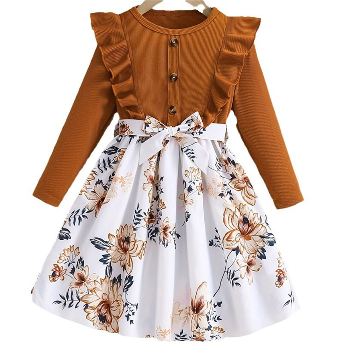 Middle and large girls autumn and winter knitted lotus leaf lace long-sleeved flower print long-sleeved dress