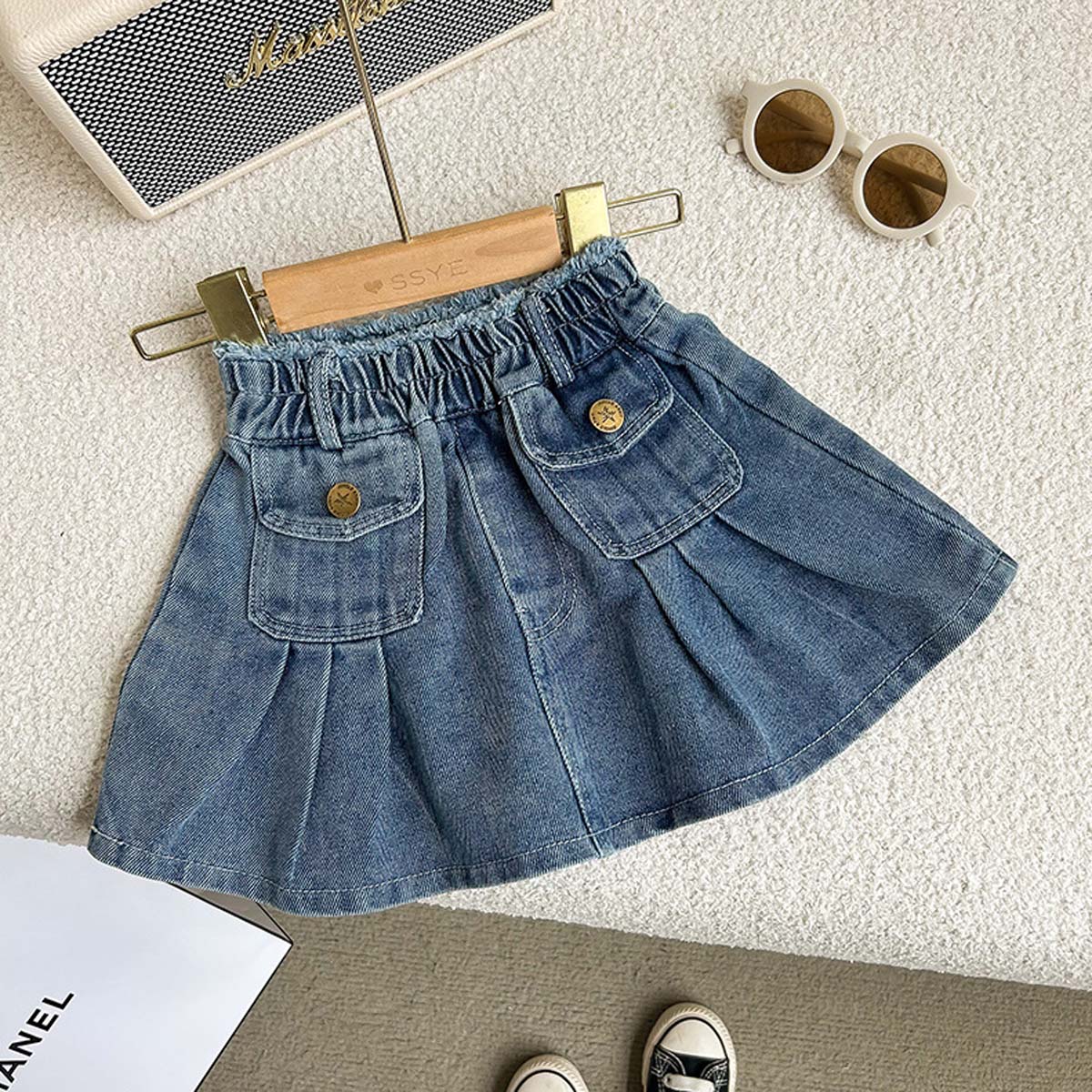 Blue retro lapel long-sleeved denim jacket pleated skirt suit fashionable two-piece suit