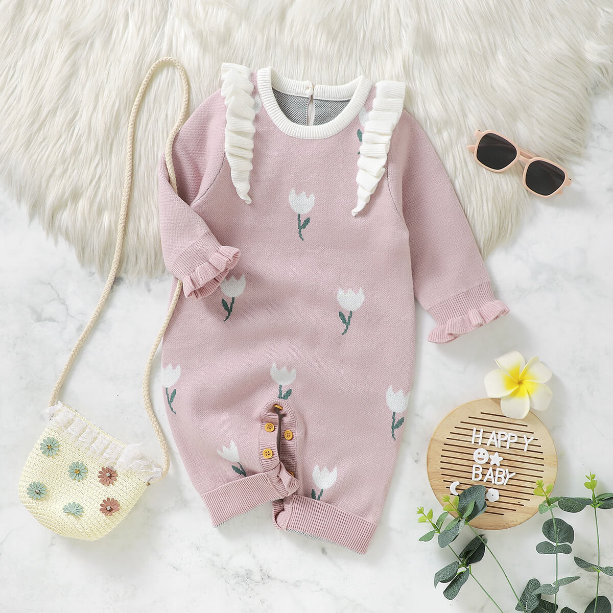 Baby autumn and winter long-sleeved tulip jacquard knitted long-legged romper