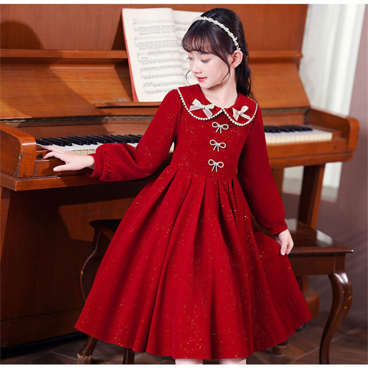 Winter solid color exquisite lady style shiny bow long sleeve dress for middle and large children girls