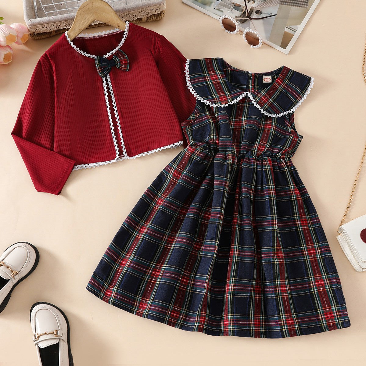 Girls' four seasons suit skirt casual college style red plaid sleeveless waist dress + bow cardigan short jacket two-piece suit