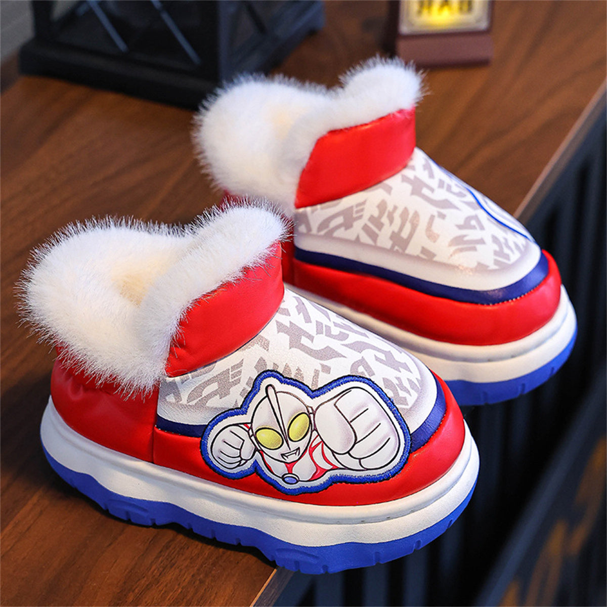 Winter Ultraman pattern warm waterproof cotton slippers for little boys