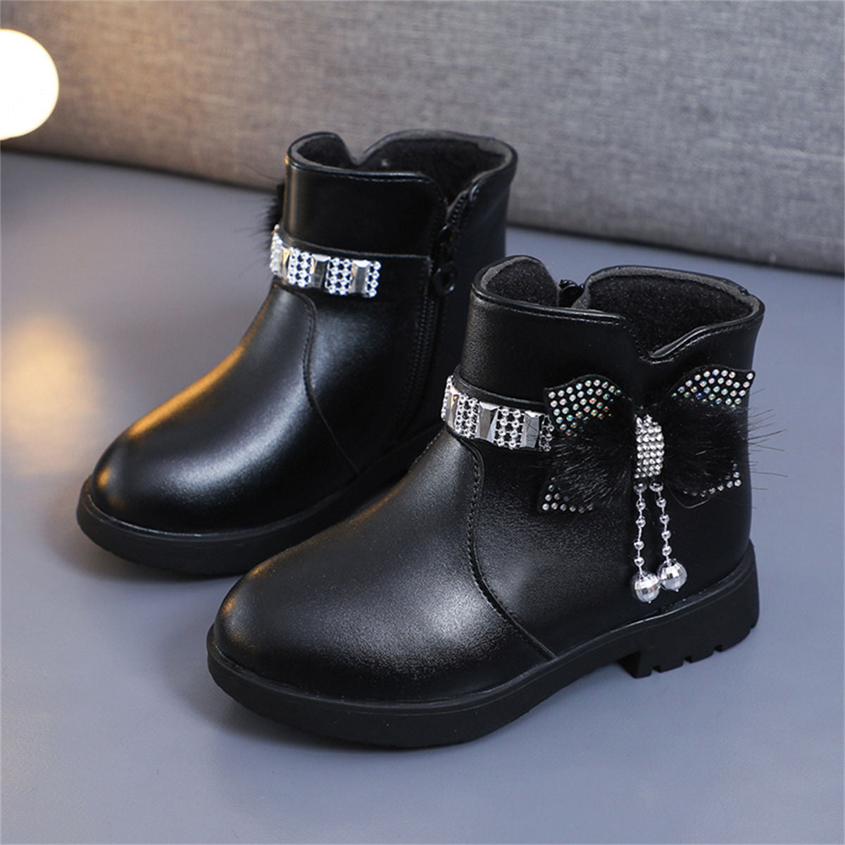 Cute furry and diamond warm waterproof Martin boots for girls in winter