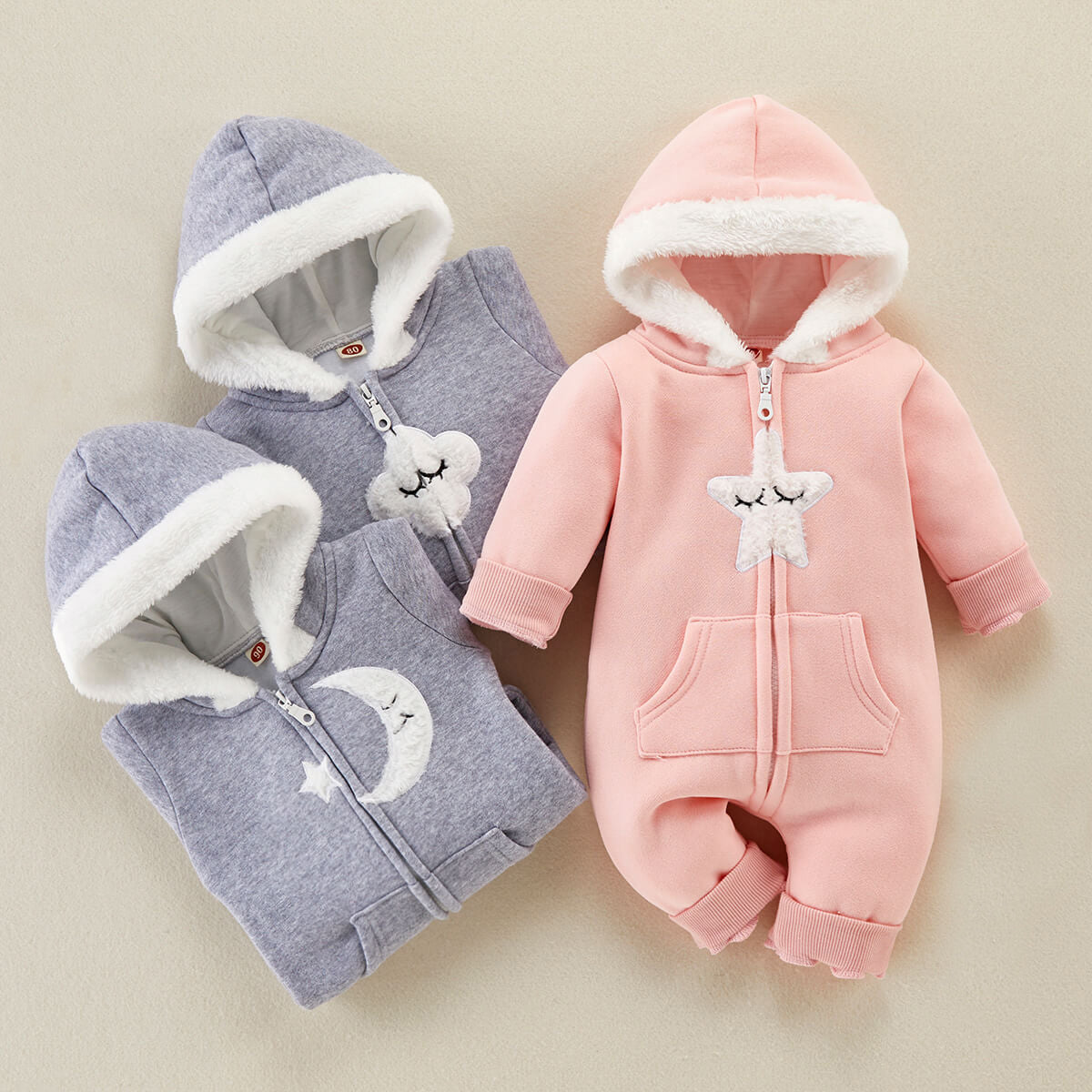 Baby Cute Furry Star Moon Printed Hooded Jumpsuit