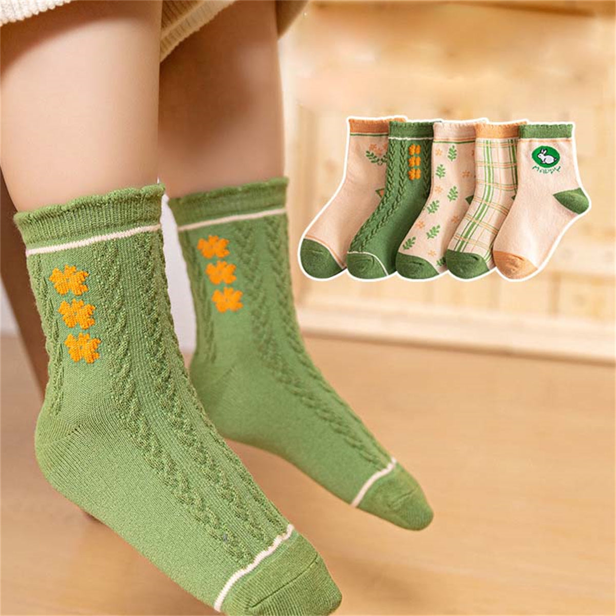 Children's girls autumn and winter fresh green soft skin-friendly breathable socks set