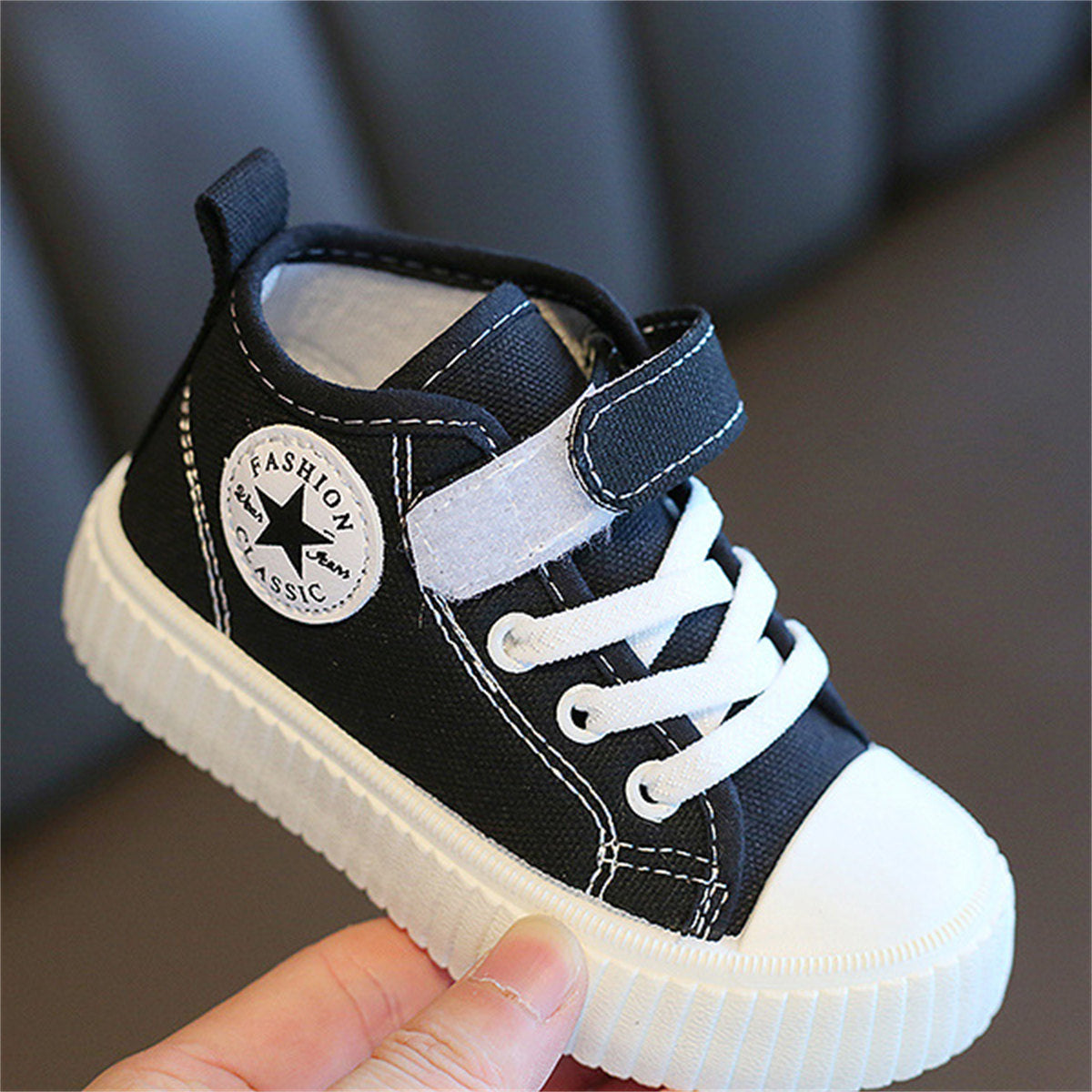 Children's and boys' spring and autumn pure color simple casual style Velcro high-top canvas shoes