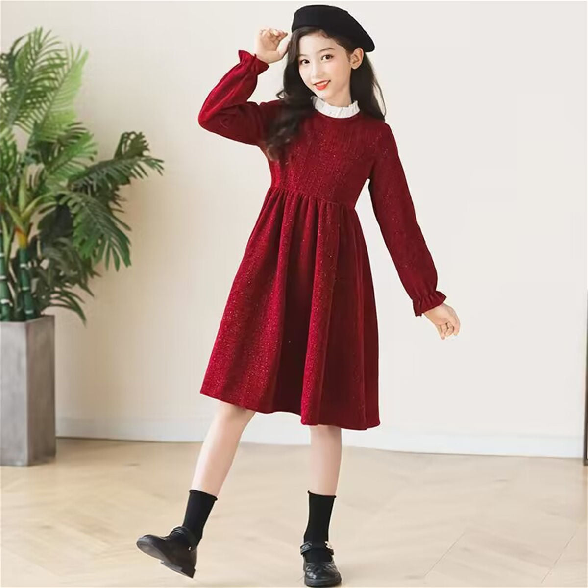 Autumn red temperament style lace long-sleeved dress for middle and large girls