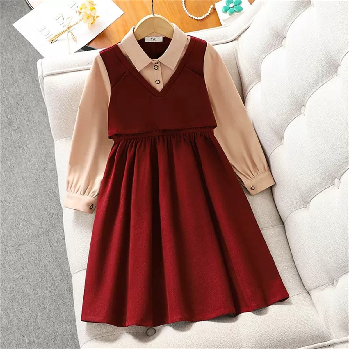 Sweet autumn preppy style shirt long-sleeved dress for middle and large girls