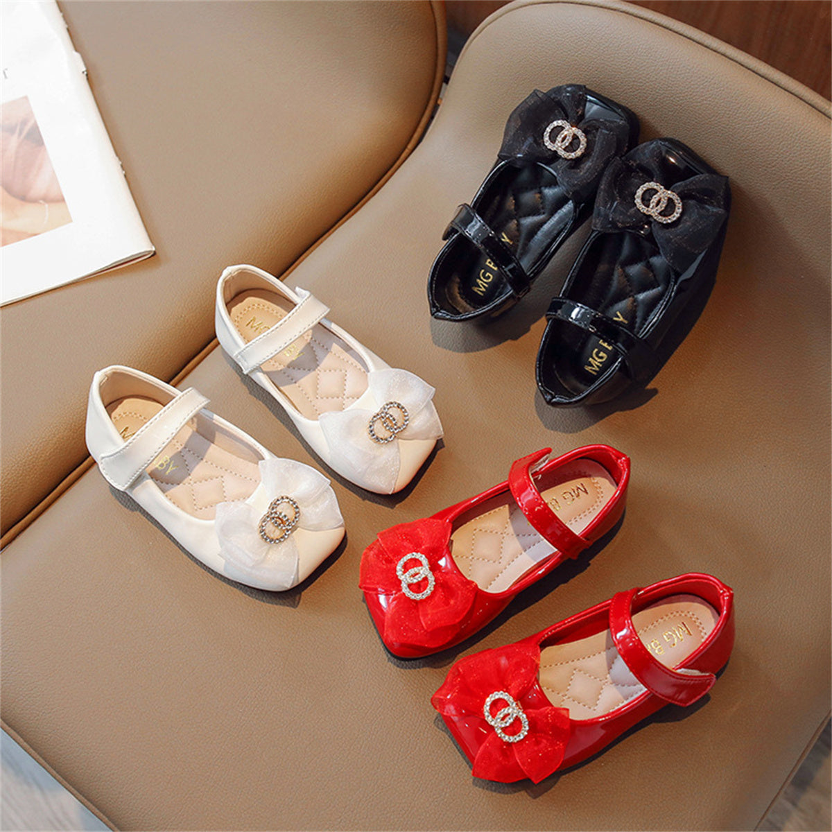 Sweet Chanel style square toe bow flat leather shoes for little girls