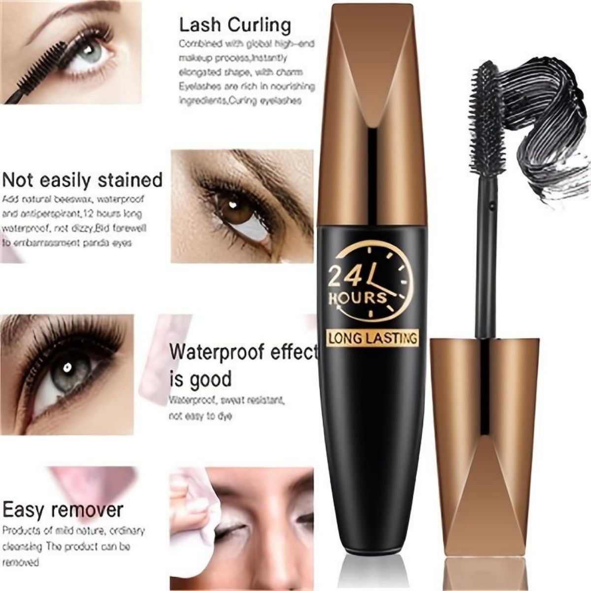 24-hour makeup-holding, no smudging, no fading, waterproof and sweat-proof, thickening and lengthening mascara