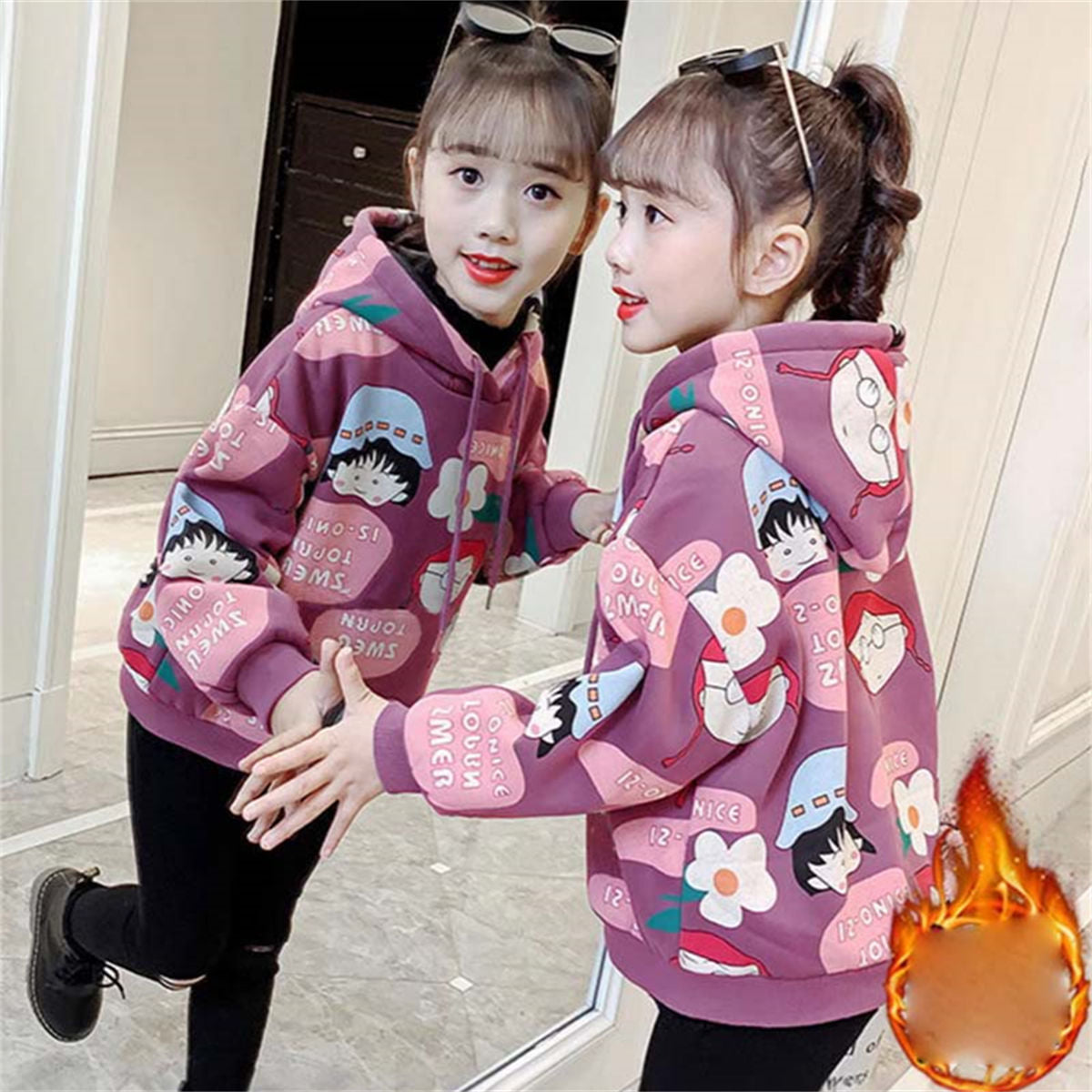 Winter plus velvet cartoon pattern cute style hooded pullover sweatshirt for middle and large children girls