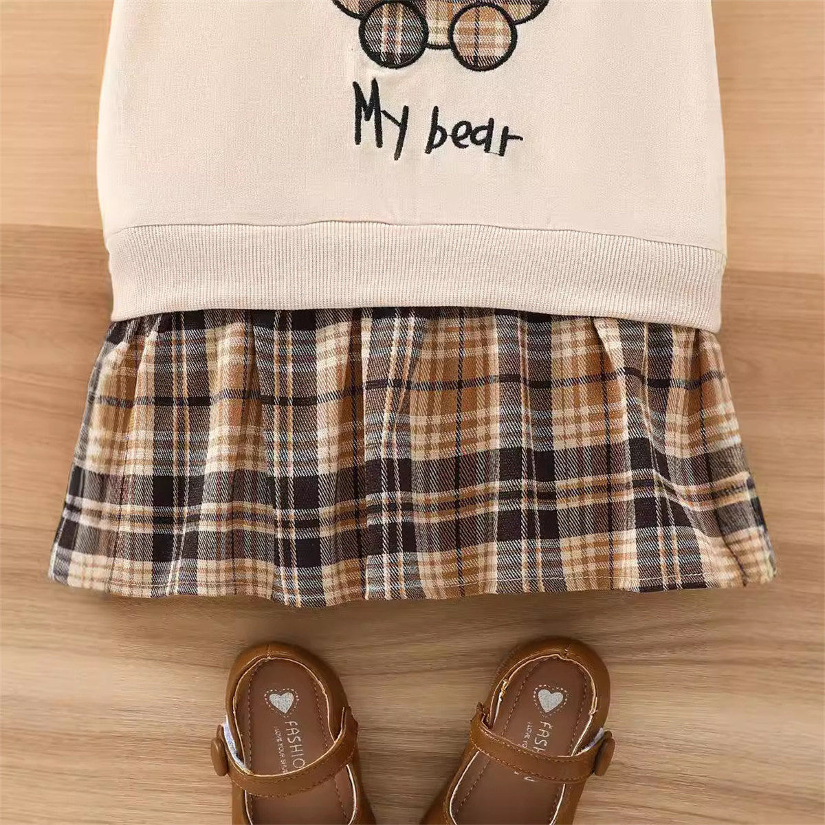 Teddy Bear Sweatshirt Plaid Skirt Two-piece Children's Set