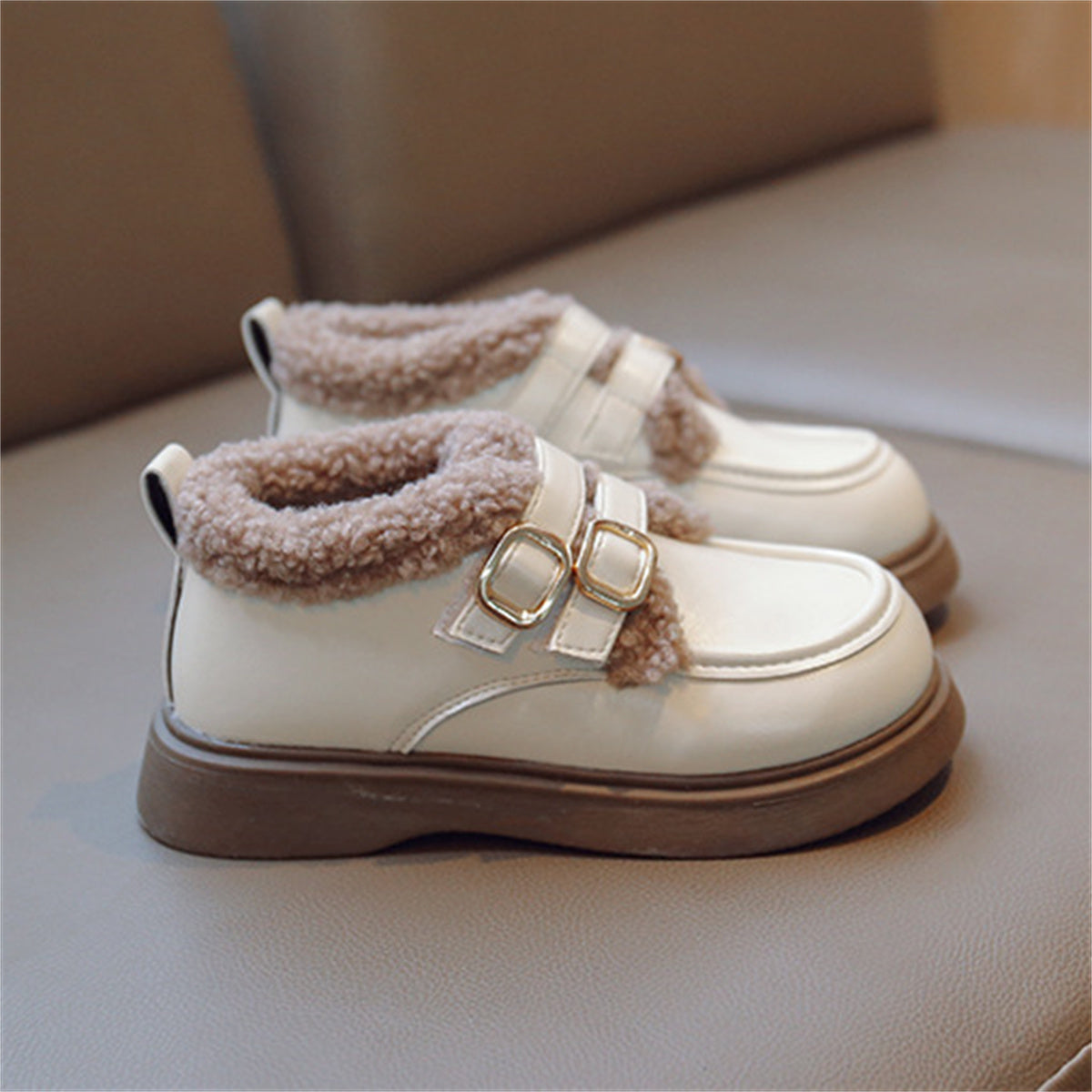 Children's girls' winter style British style plus velvet warm leather shoes low-top cotton shoes