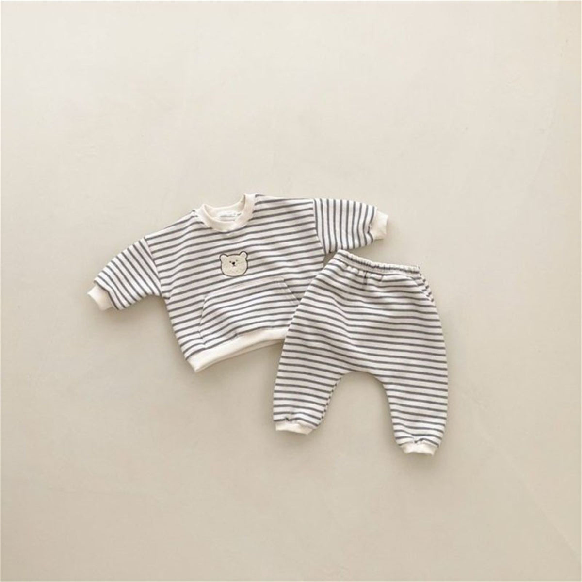 Baby long sleeve embroidered bear head striped outdoor romper crawling suit