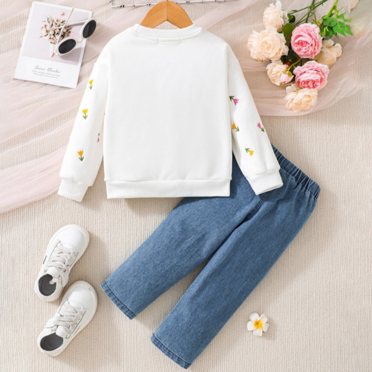 New autumn and winter girls baby 3D flower sweatshirt denim suit